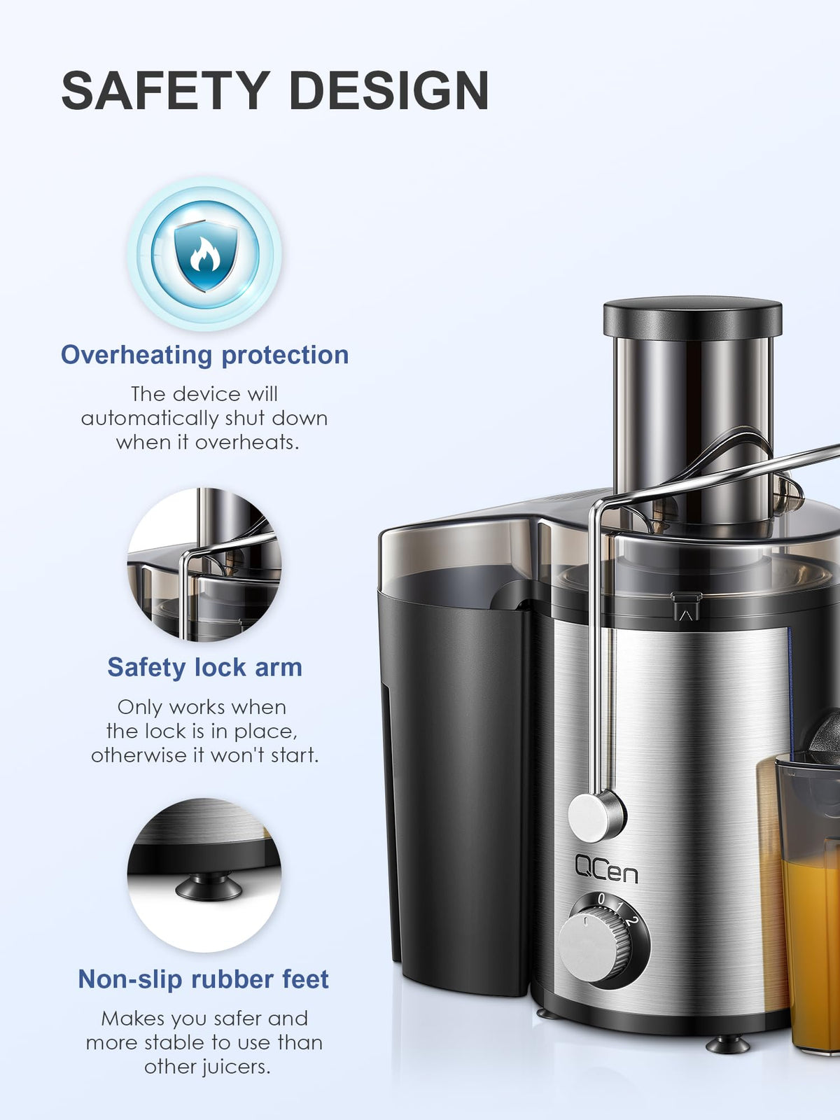 QCen stainless steel filter basket for efficient juice extraction.