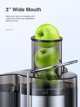 QCen juicer 800W wide-mouth 3in feed chute for quick fruit and veggie loading.