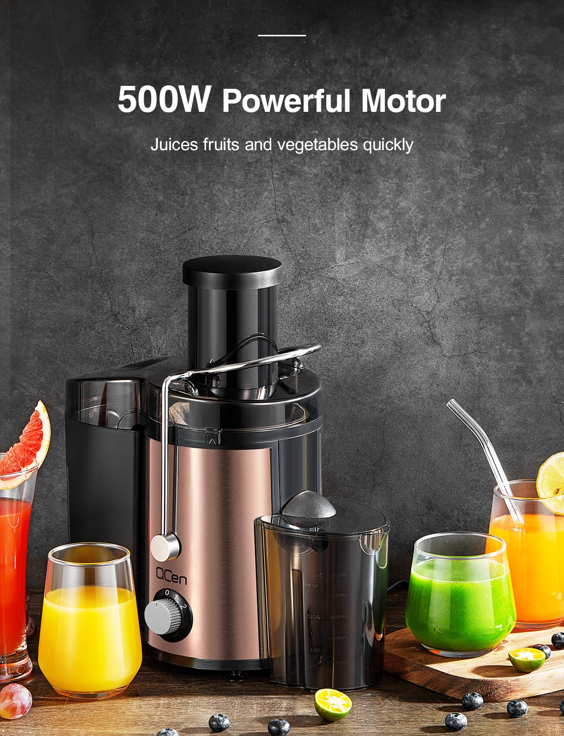 QCen dual-speed control handles soft and hard fruits with ease.