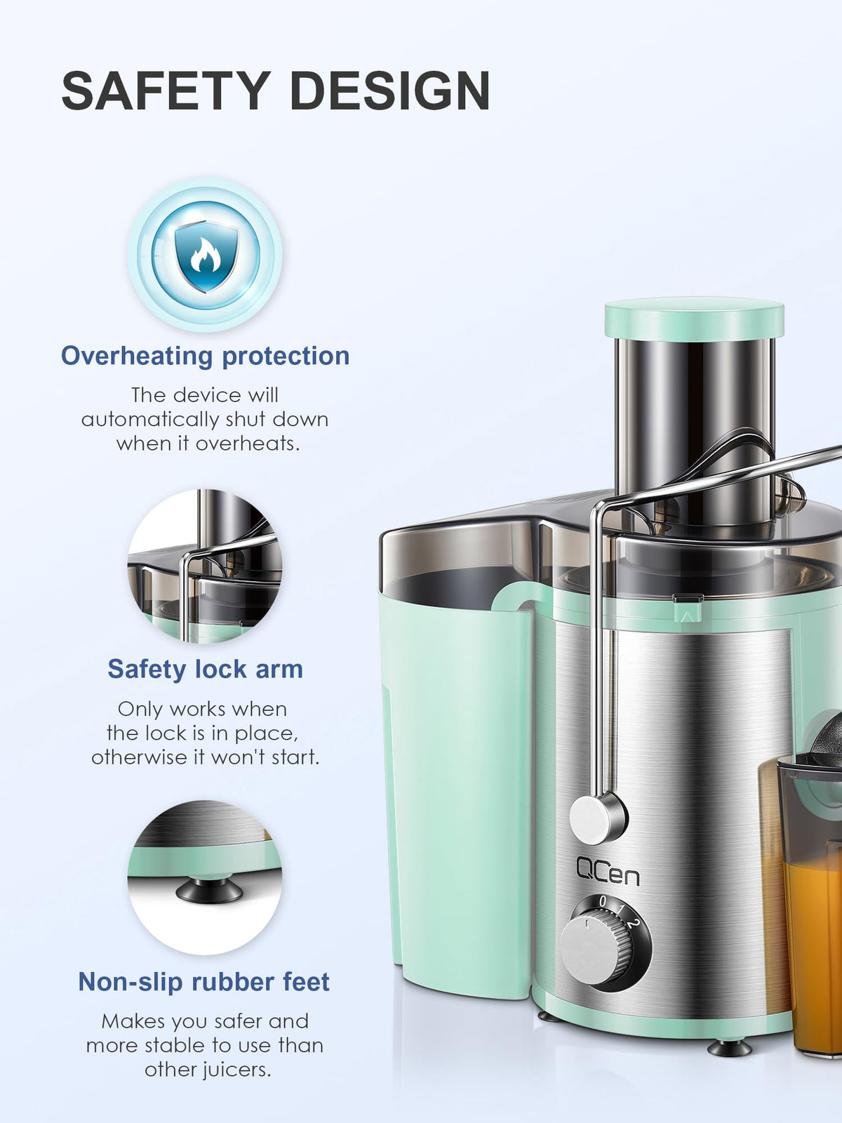 QCen juicer safety lock and overload protection