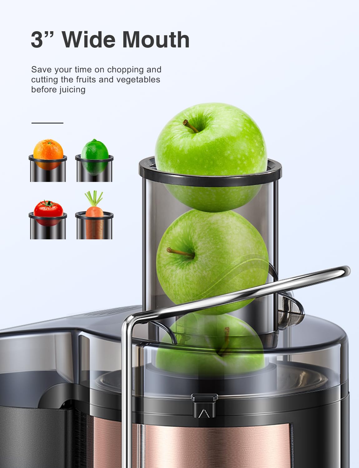 QCen juicer wide-mouth feed chute enables quick prep of fruits and veggies.