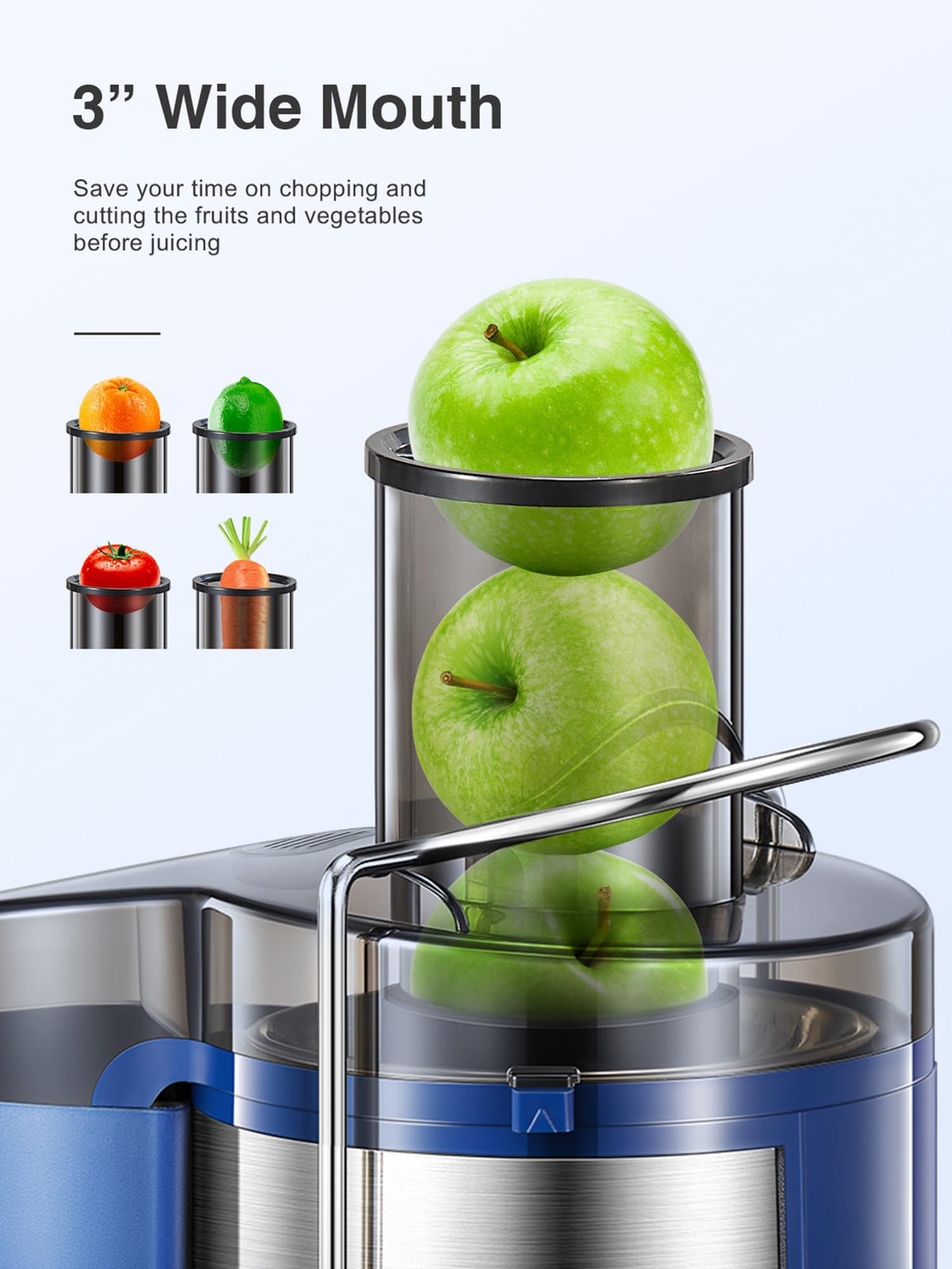 QCen Juicer wide mouth 3inch feed chute for faster prep.
