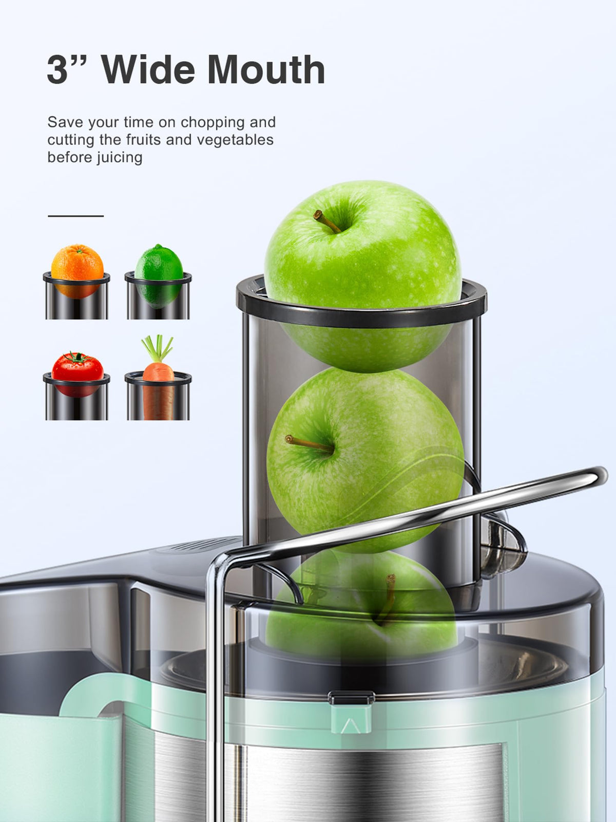 QCen juicer wide mouth 3-inch feed for quick prep
