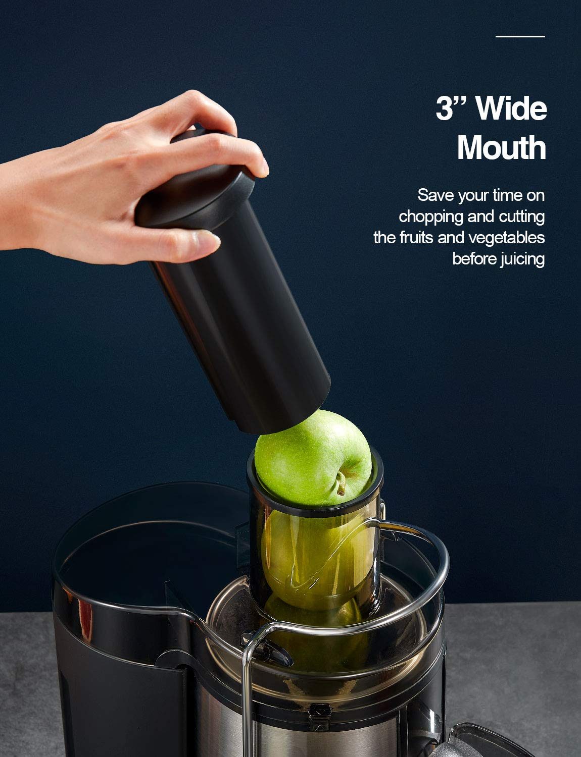 QCen wide-mouth feed chute enables quick juicing of whole fruits