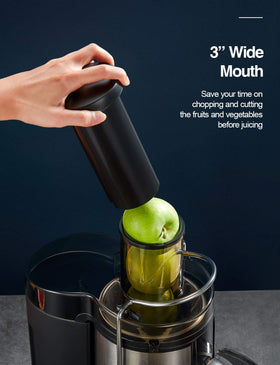 QCen wide-mouth feed chute enables quick juicing of whole fruits