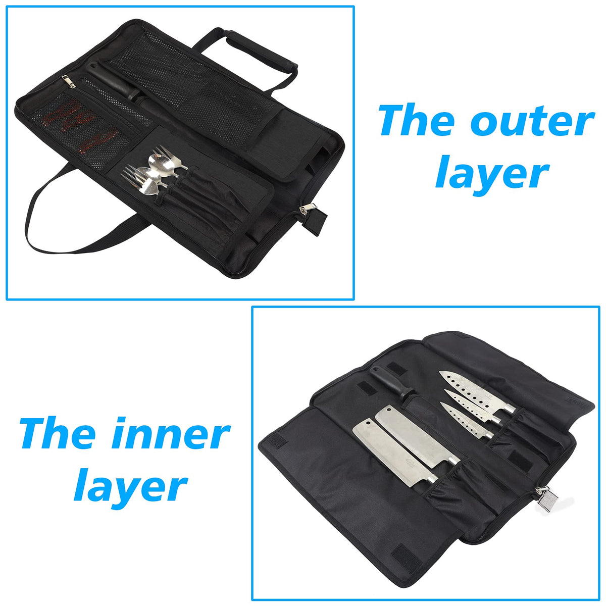 Qchengsan knife roll bag carry handle for easy transport to work or school.