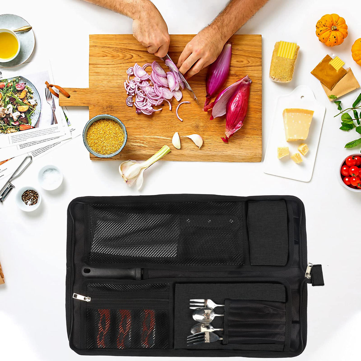 Qchengsan knife roll bag compact-fold design saves space in drawers.
