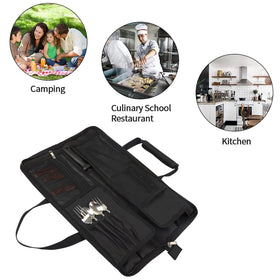 Qchengsan knife roll bag dual pockets provide extra space for sharpeners.