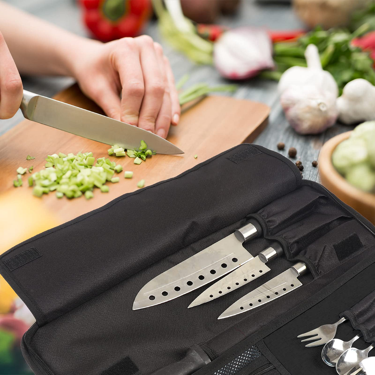 Qchengsan knife roll bag gift-ready option for aspiring chefs.