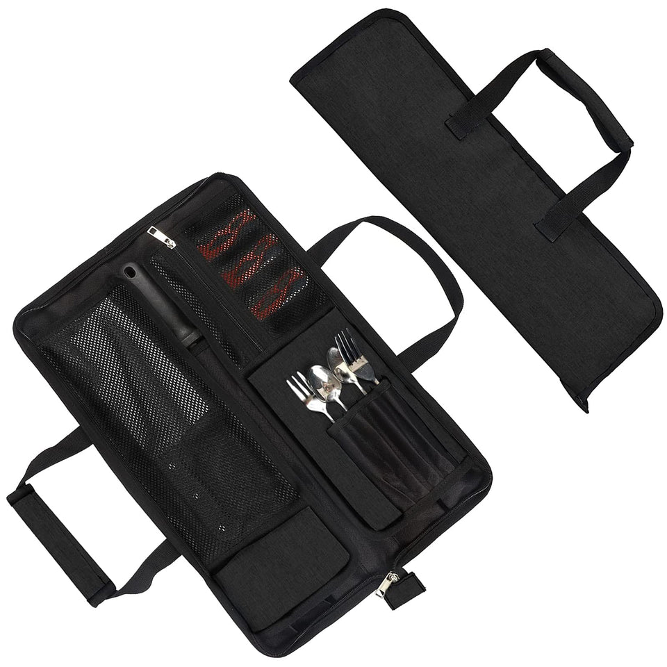 Qchengsan knife roll bag outer view shows durable Oxford fabric and black finish.