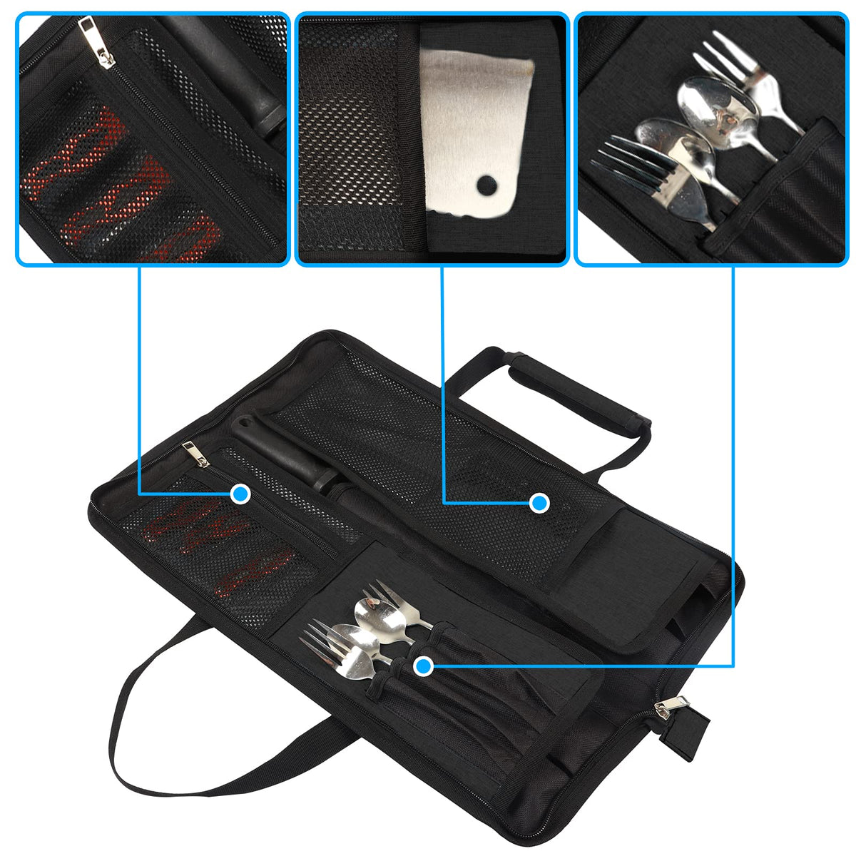 Qchengsan knife roll bag rolled closure demonstrates compact, portable organization.