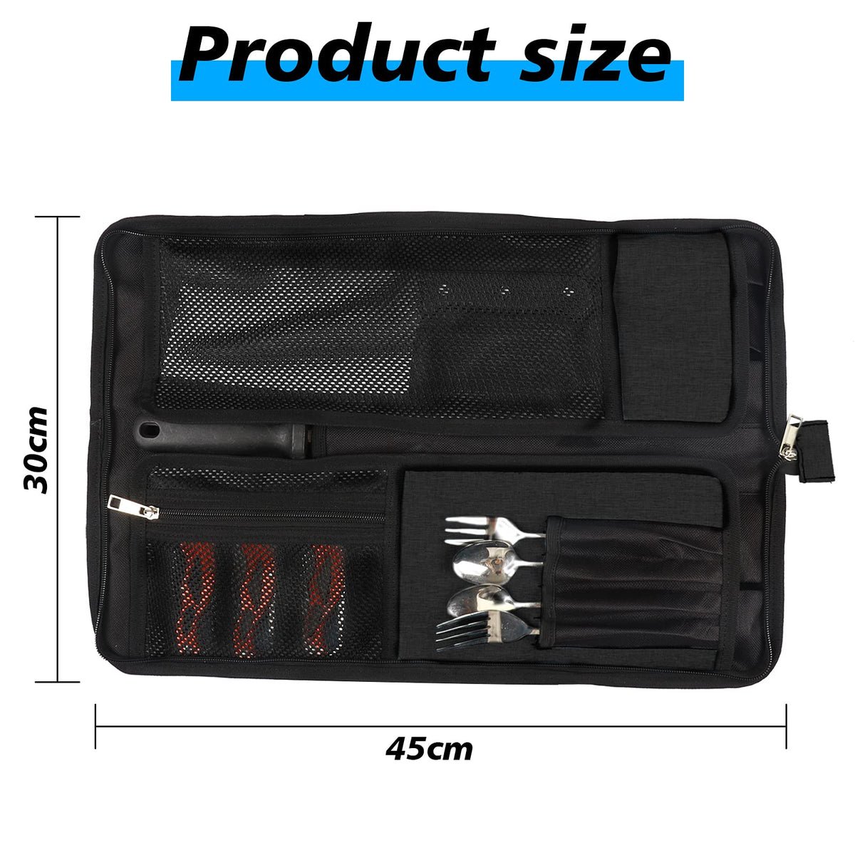 Qchengsan knife roll bag side compartment for extra utensils and tools.