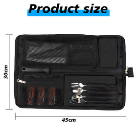 Qchengsan knife roll bag side compartment for extra utensils and tools.