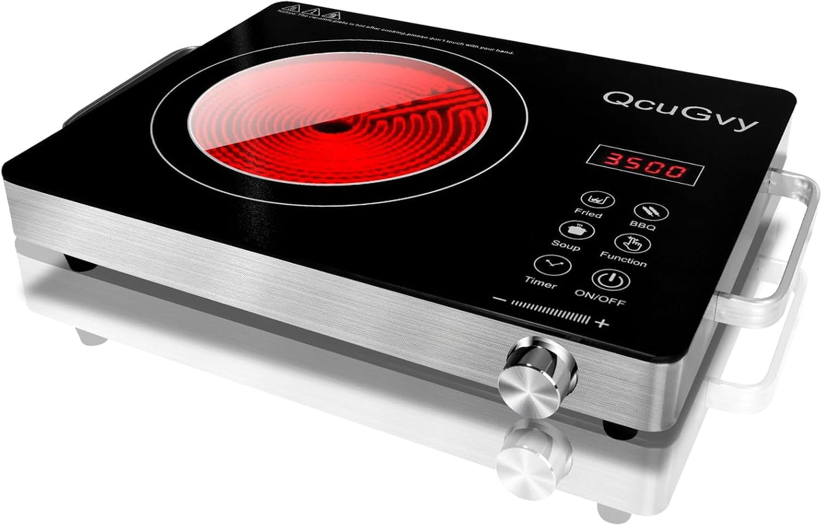 QcuGvy 14-inch portable infrared burner front view for quick, even heat in daily cooking.