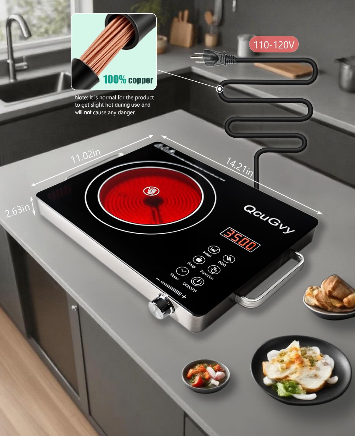 QcuGvy 3500-watt infrared burner top glass shows a durable, easy-to-clean surface.
