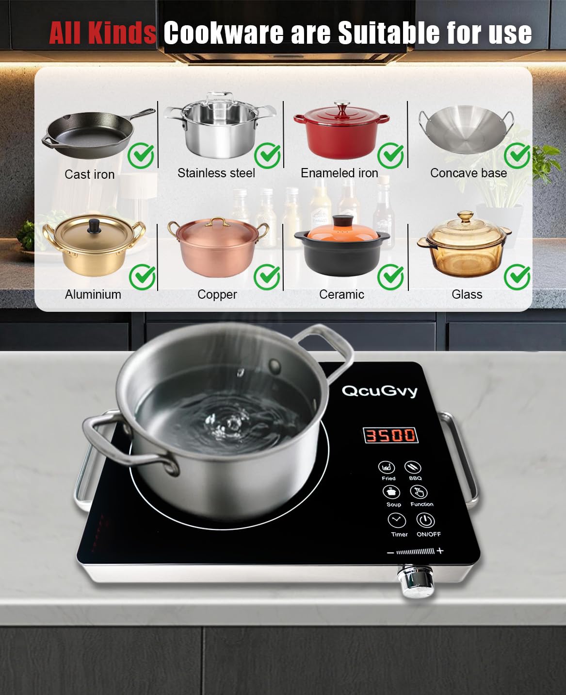 QcuGvy versatile cookware compatibility supports iron, stainless steel, glass, or ceramic.