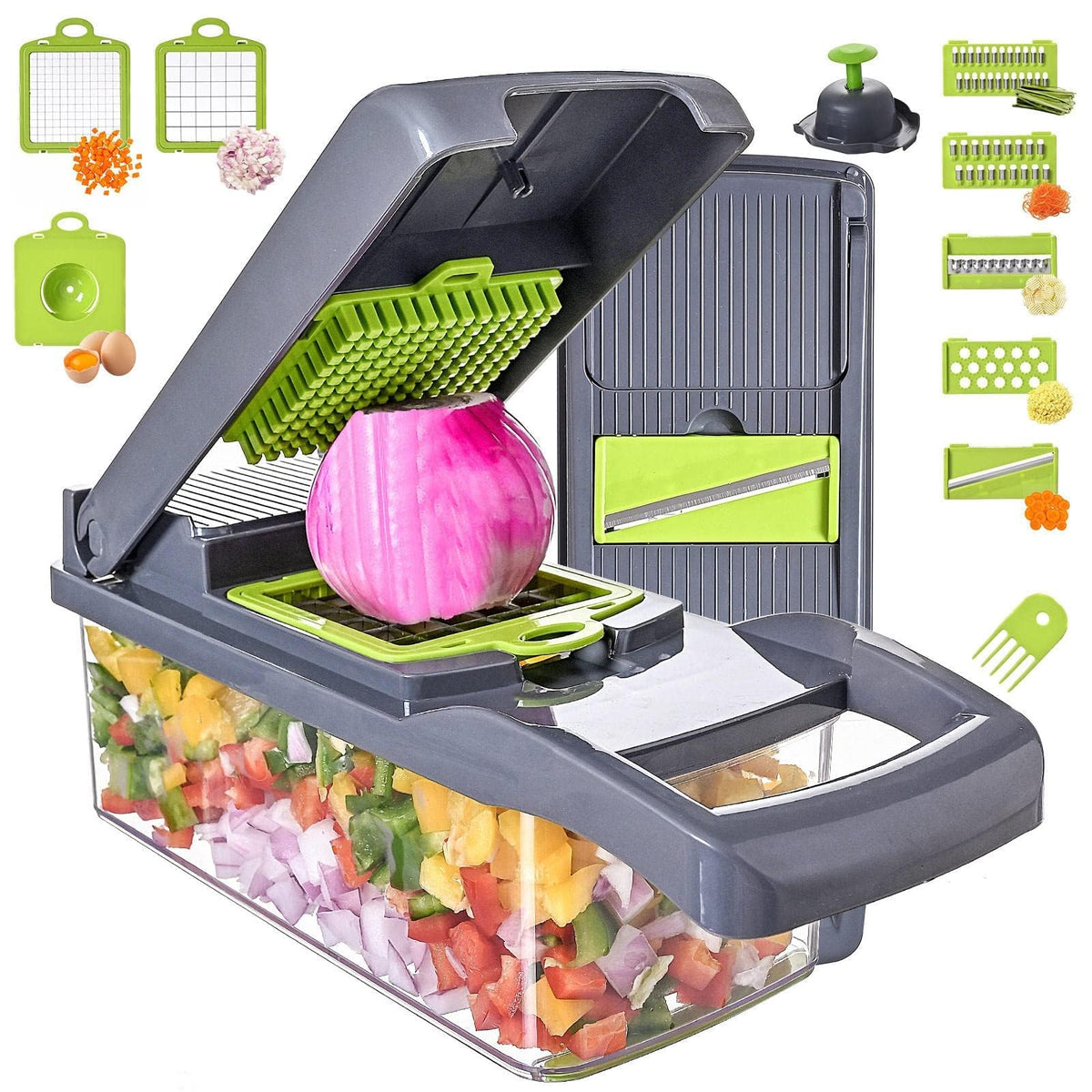 QDGMXIV 13-in-1 vegetable chopper set showing versatile blades for quick veggie prep