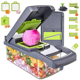 QDGMXIV 13-in-1 vegetable chopper set showing versatile blades for quick veggie prep