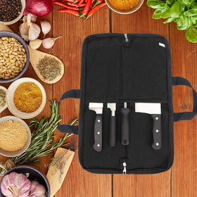 QEES knife roll layout fits honing steel and multiple knives.