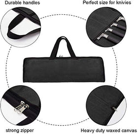 QEES knife roll waxed canvas side view shows easy transport with handle.