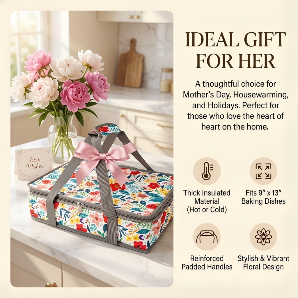 QEES floral design outer tote matches kitchen decor.
