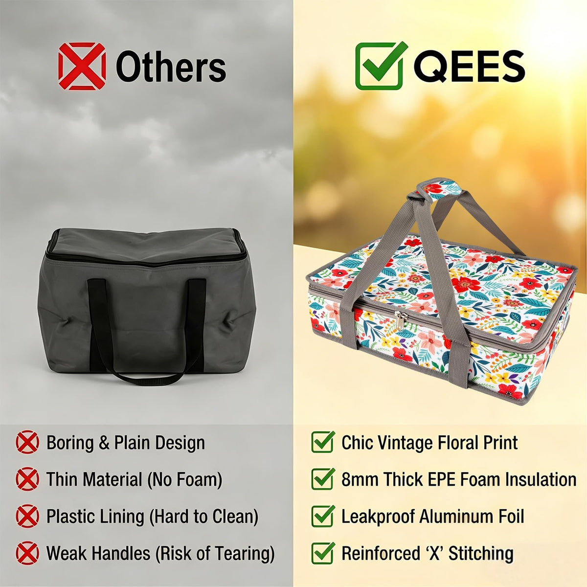 QEES interior mesh pocket adds space for utensils and napkins.
