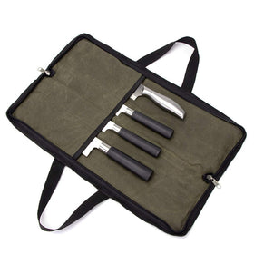 QEES knife roll with four slots keeping chef knives organized and protected.