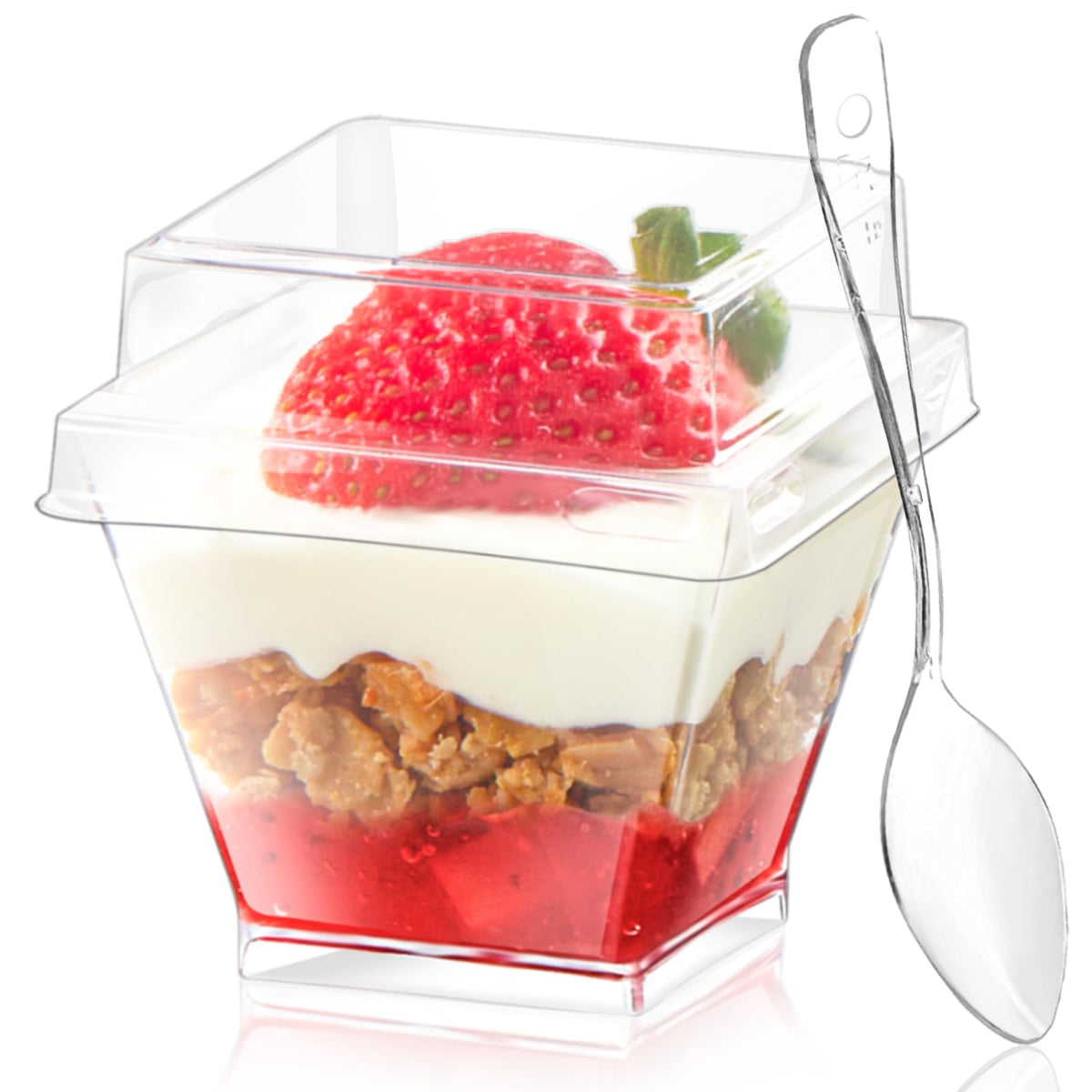 Qeirudu 2 oz mini dessert cups with lids and spoons for bite-sized desserts.