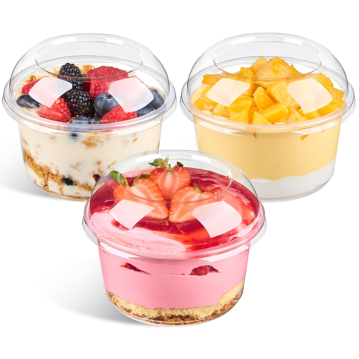 Qeirudu 50-pack 16oz dessert cups with dome lids for parfaits and snacks.