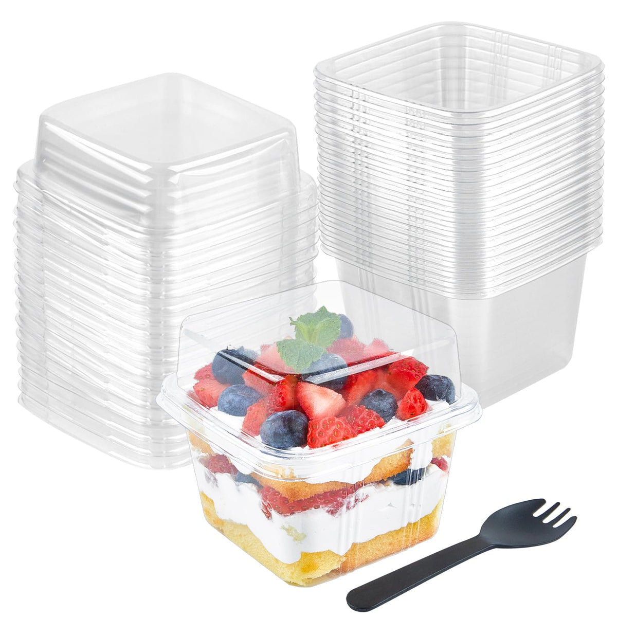 Qeirudu 8oz square dessert cups show a clear, stackable design ideal for party servings.
