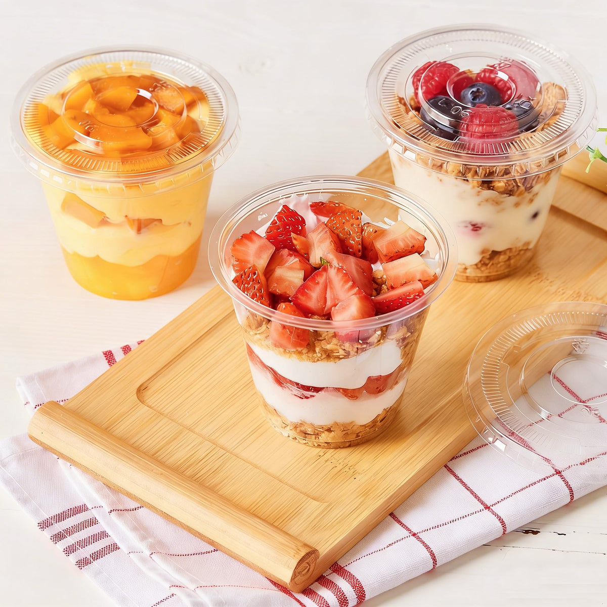 Qeirudu 9oz cups holding yogurt, fruits, parfaits with crystal-clear visibility.