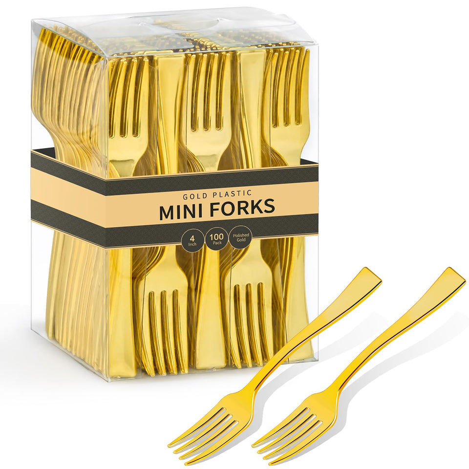 Qeirudu gold mini forks, 4-inch, ideal for elegant appetizers and desserts.
