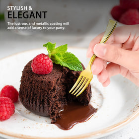 Qeirudu heavy-duty gold plastic forks, BPA-free and sturdy for safe serving.