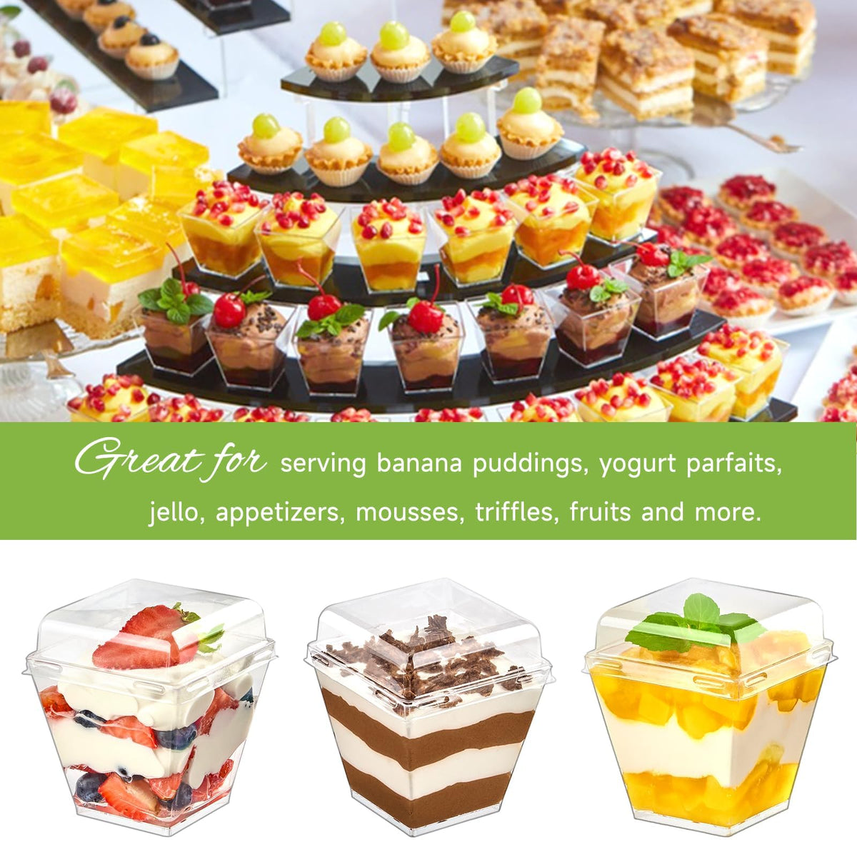 Qeirudu square parfait cups showcase layered desserts clearly.