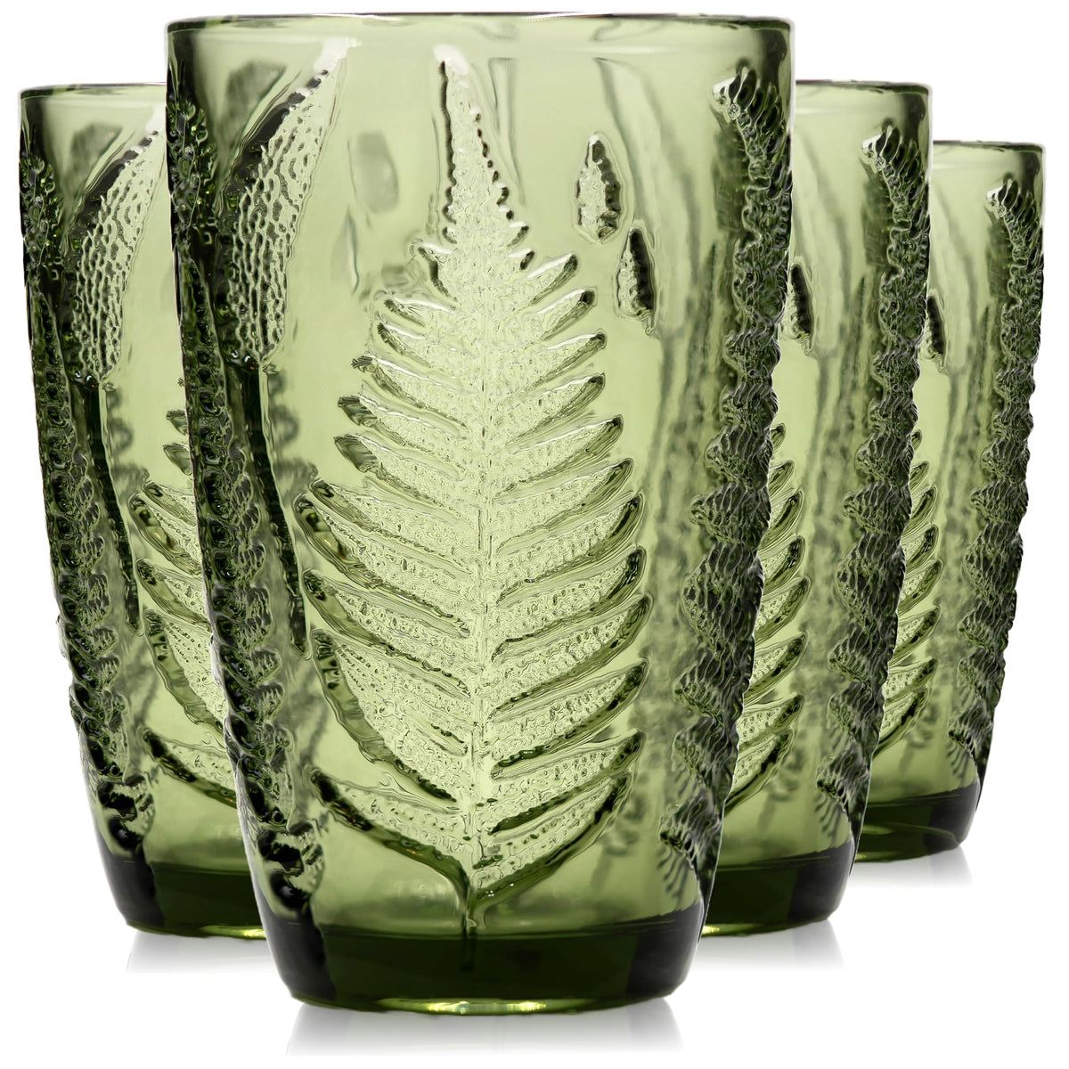 QELVIO green glasses with fern embossing, ideal for daily hydration.