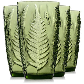 QELVIO Vintage Green 16 oz tumbler with fern embossing for stylish entertaining.