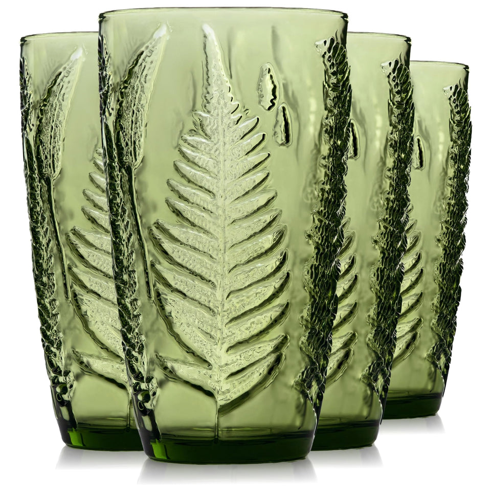 QELVIO Vintage Green 16 oz tumbler with fern embossing for stylish entertaining.