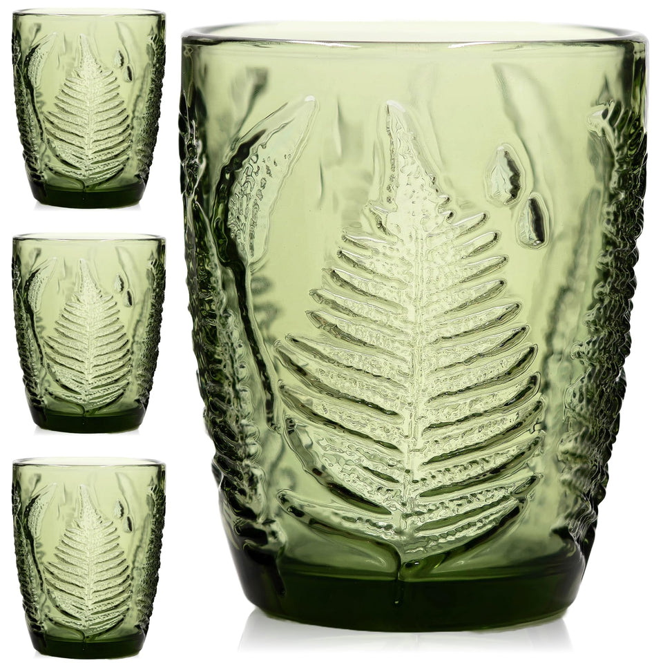 QELVIO vintage green fern-embossed glass with tactile texture for elegant beverages