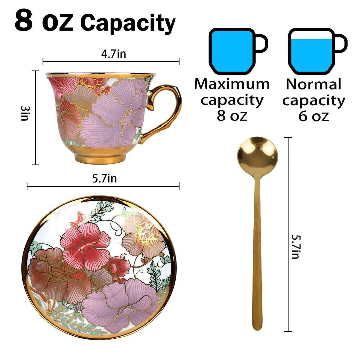 Qetoosur ceramic teacups with gold trim handles, ideal for cappuccino and latte service.