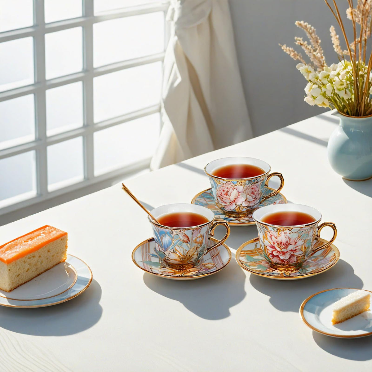Qetoosur compact teacups and saucers set enhances table presentation.
