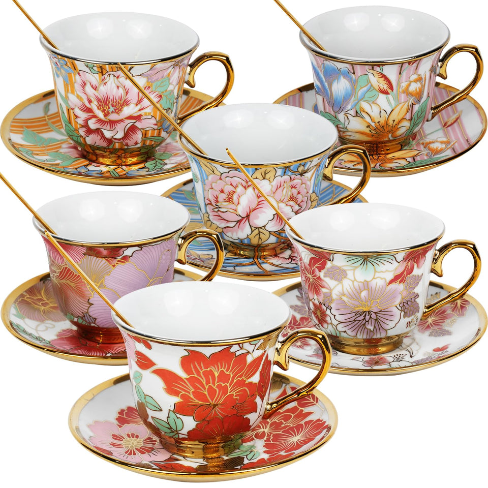 Qetoosur vintage floral tea cups with saucers, 6-piece set, perfect for elegant afternoon tea.