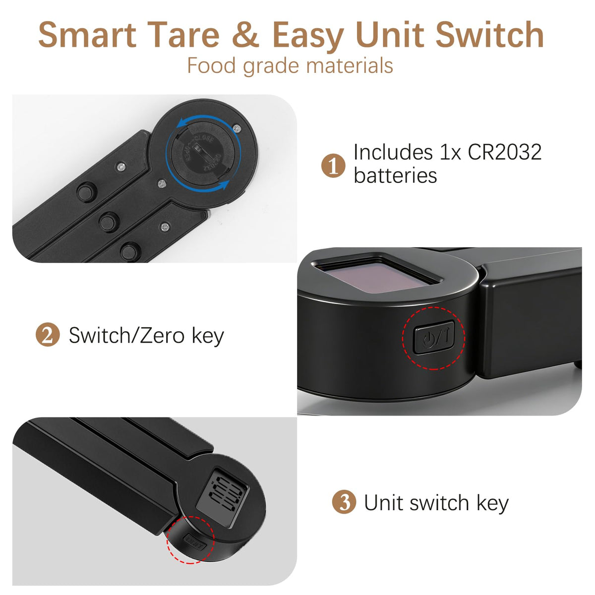 QFEISETH folding food scale battery compartment with replaceable cell.