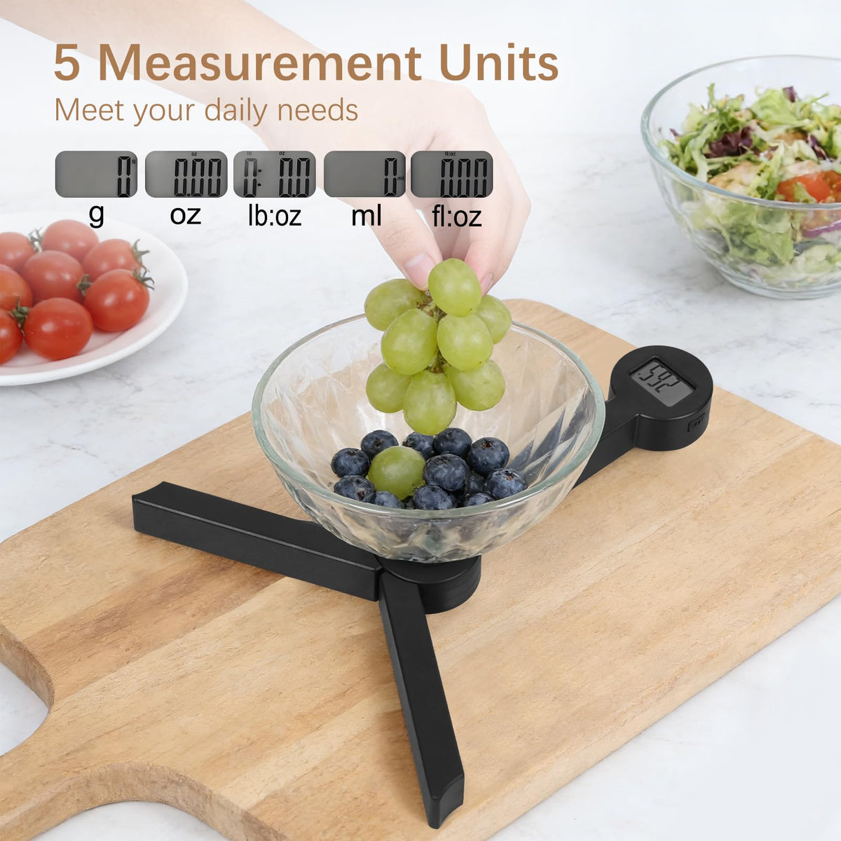 QFEISETH folding food scale folded for compact storage.