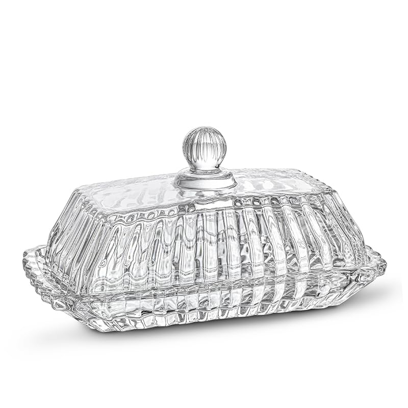 QFkris glass butter dish with lid on countertop, clear view to monitor butter.