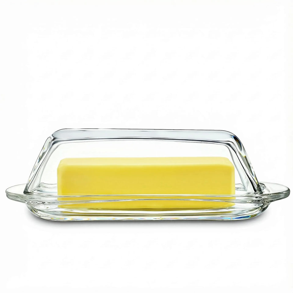 QFkris butter dish on countertop with lid keeps butter fresh and accessible.