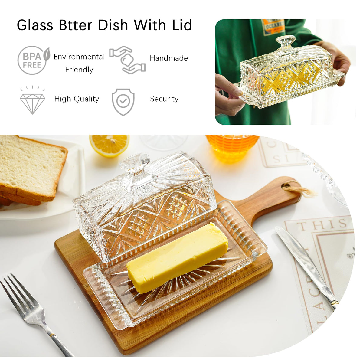 QFkris elegant glass butter dish fits standard butter sticks.