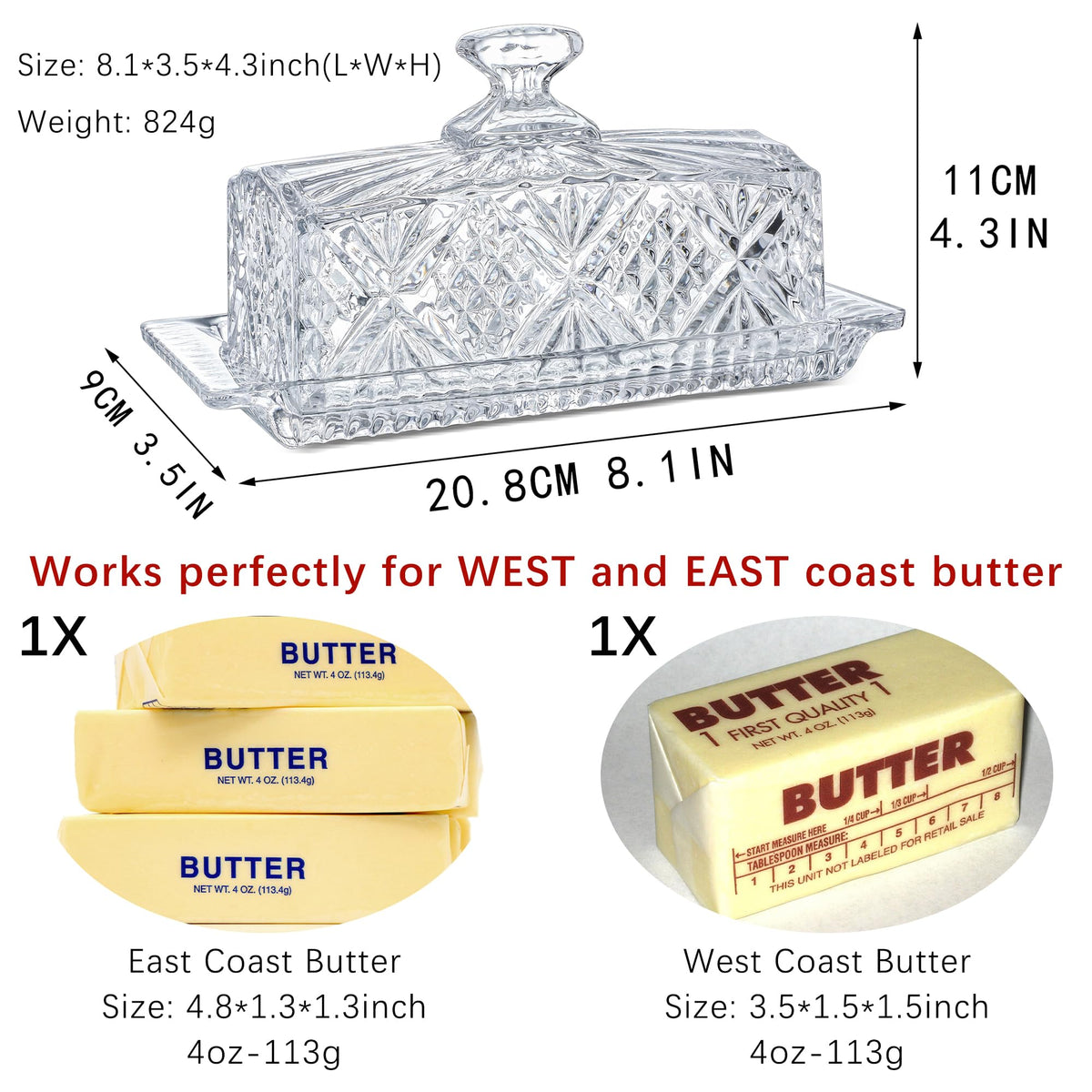 QFkris crystal butter dish tray with engraved design adds elegance to table.