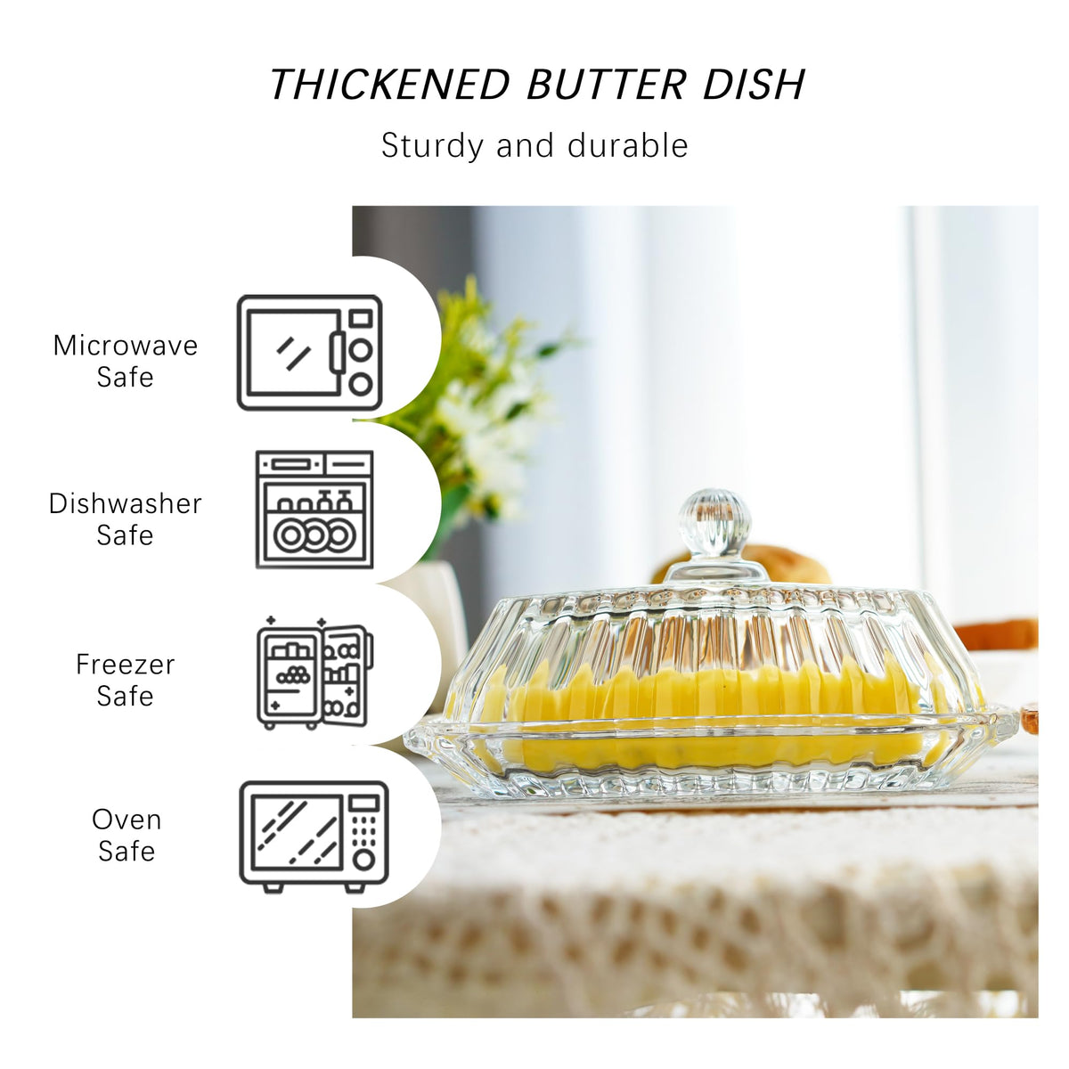 QFkris glass butter keeper shows butter through clear glass for easy portioning.