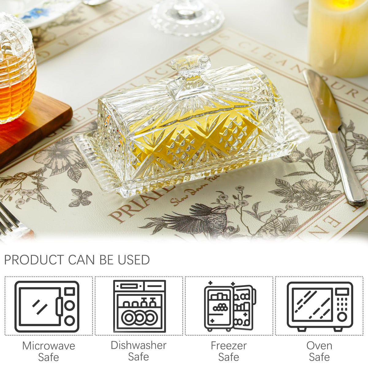 QFkris crystal butter dish enhances table presentation during gatherings.