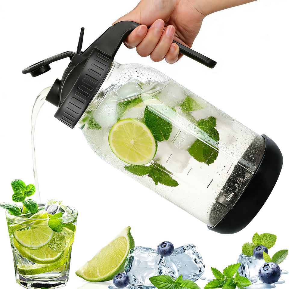 QHH 64 oz glass mason jar pitcher with lid and handle for easy pouring.